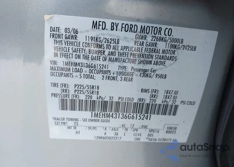 2006 Mercury Montego Premier z USA, uszkodzony, nr VIN 1MEHM43136G615241